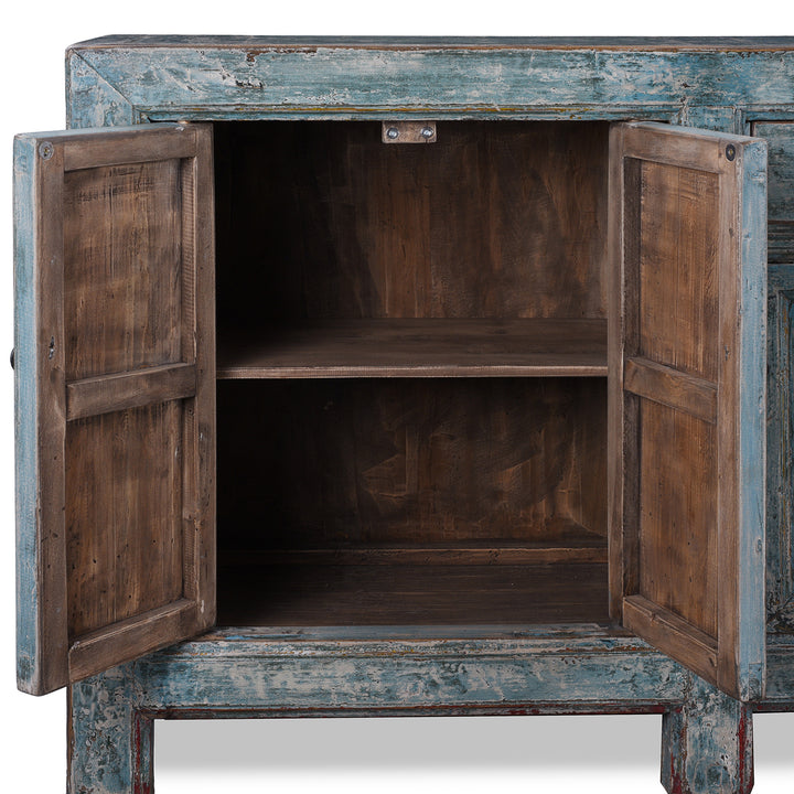 Interior Detail From Blue Painted Mongolian Sideboard Made From Reclaimed Elm Poplar And Pine With Distressed Finish And Cupboard Storage