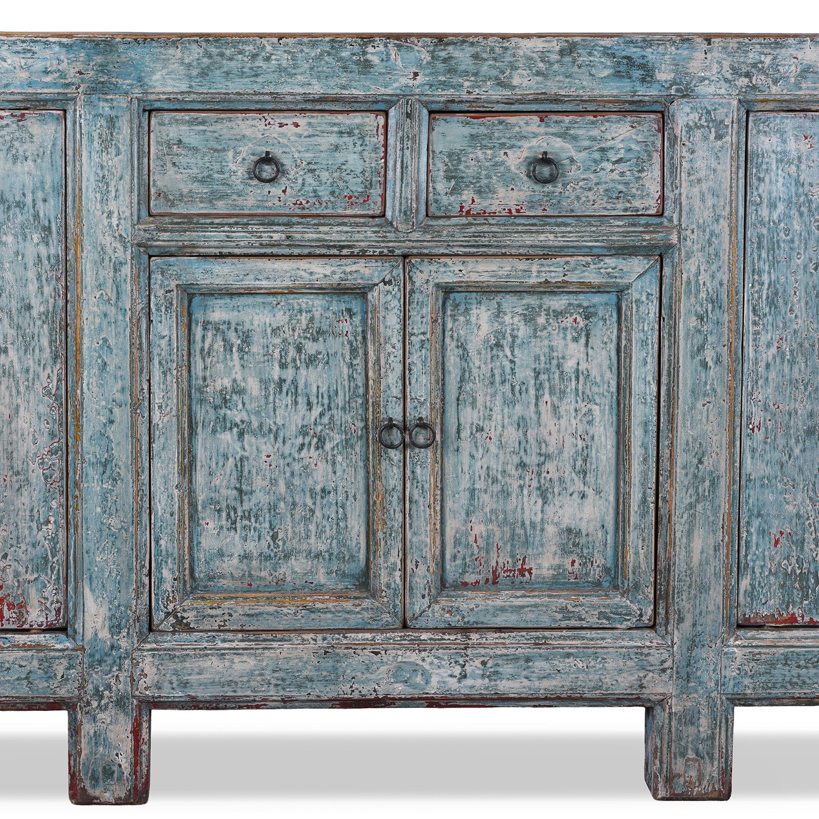 Doors Detail From Blue Painted Mongolian Sideboard Made From Reclaimed Elm Poplar And Pine With Distressed Finish And Cupboard Storage