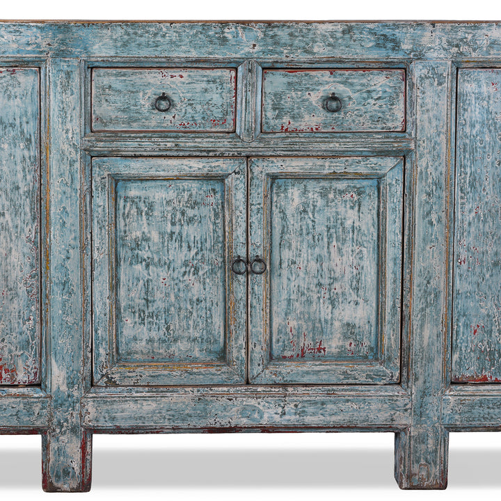 Doors Detail From Blue Painted Mongolian Sideboard Made From Reclaimed Elm Poplar And Pine With Distressed Finish And Cupboard Storage