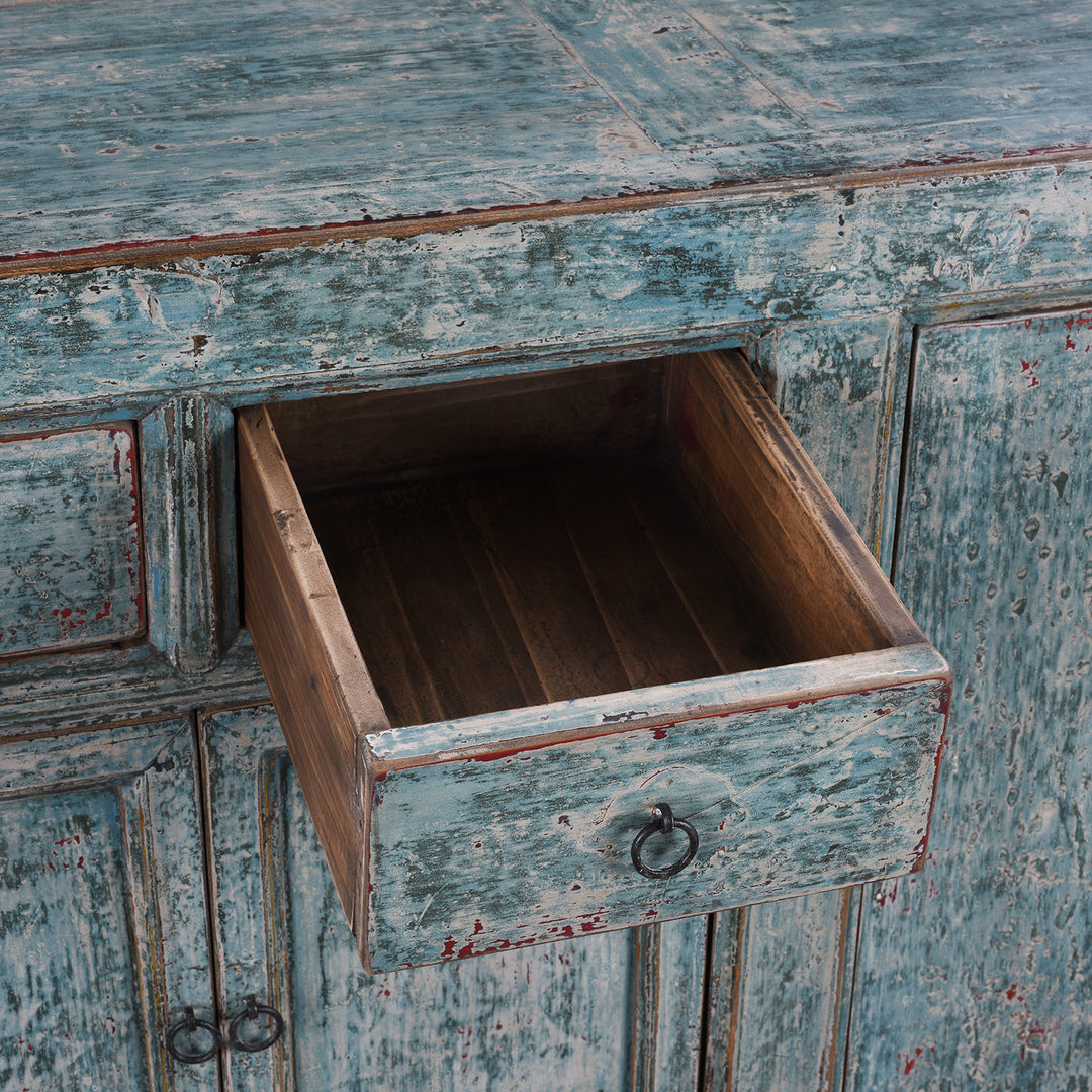 Drawer Detail From Blue Painted Mongolian Sideboard Made From Reclaimed Elm Poplar And Pine With Distressed Finish And Cupboard Storage
