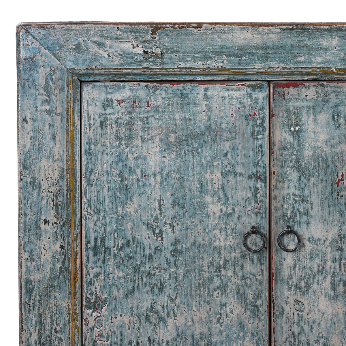 Corner Detail From Blue Painted Mongolian Sideboard Made From Reclaimed Elm Poplar And Pine With Distressed Finish And Cupboard Storage