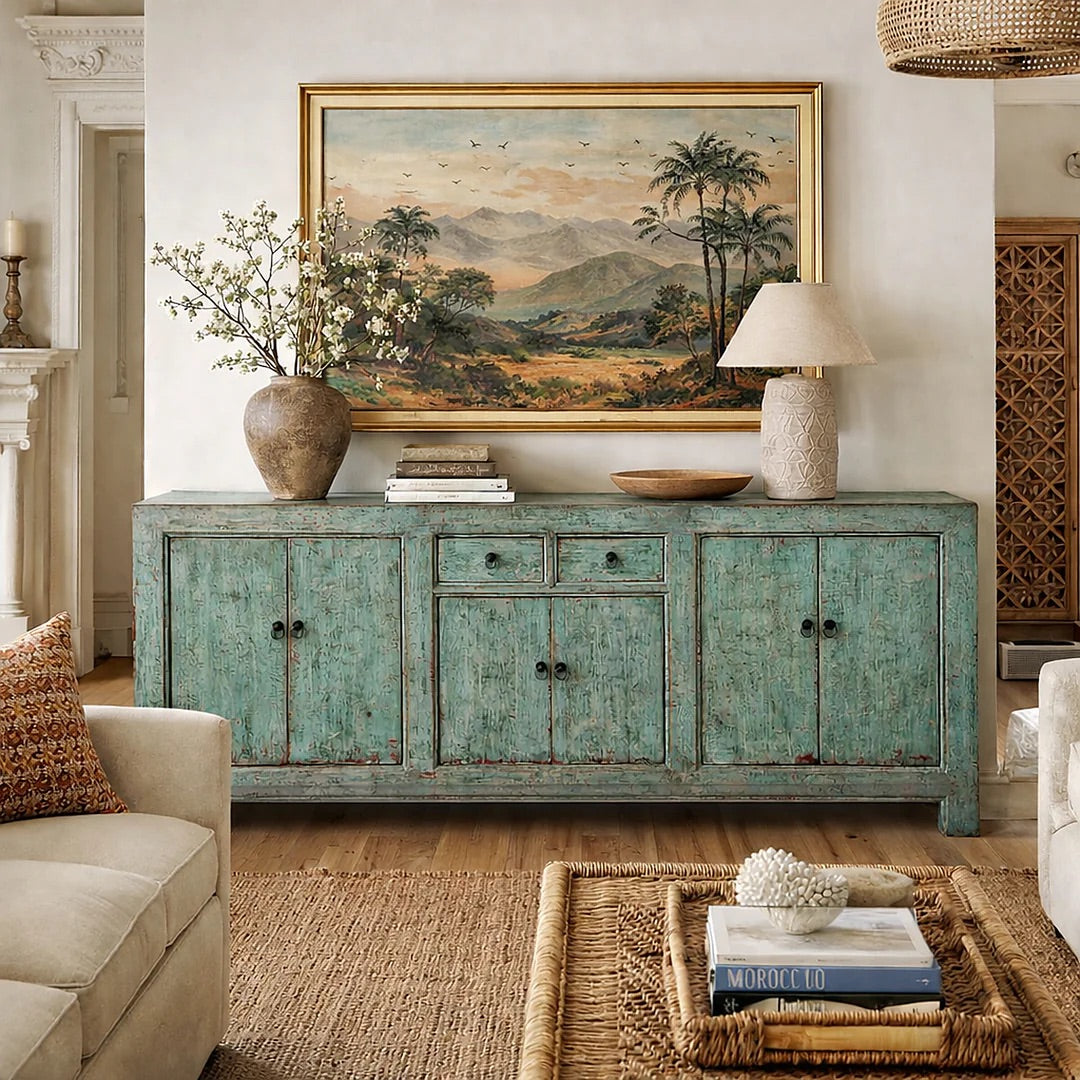 A ​​Green Lacquer Mongolian Sideboard Made From Old Wood in a Modern Interior