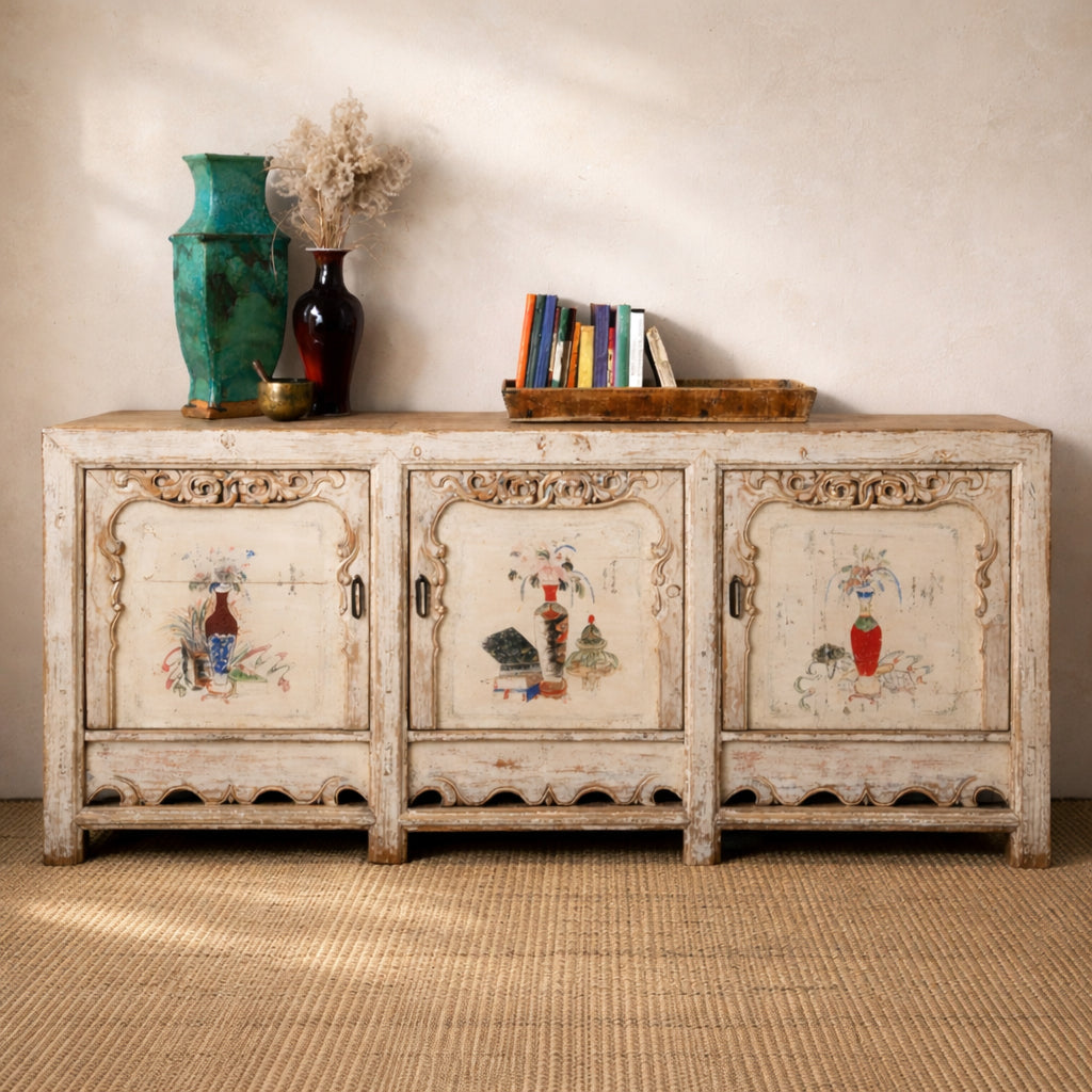 Cream Painted Qinghai Sideboard With Hand Painted Floral Panels And Wise Objects
