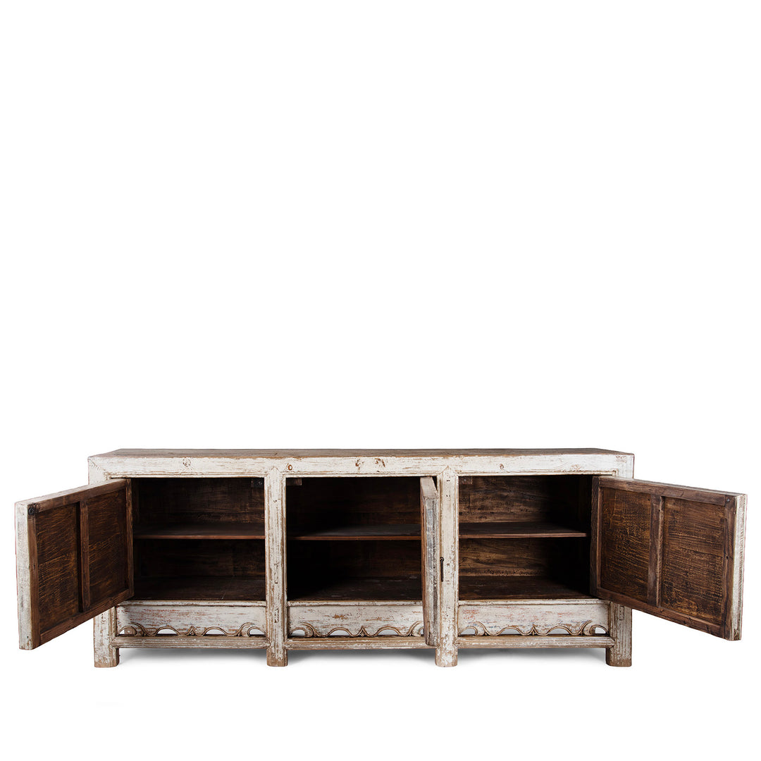 Interior Of Cream Painted Qinghai Sideboard With Hand Painted Floral Panels And Wise Objects