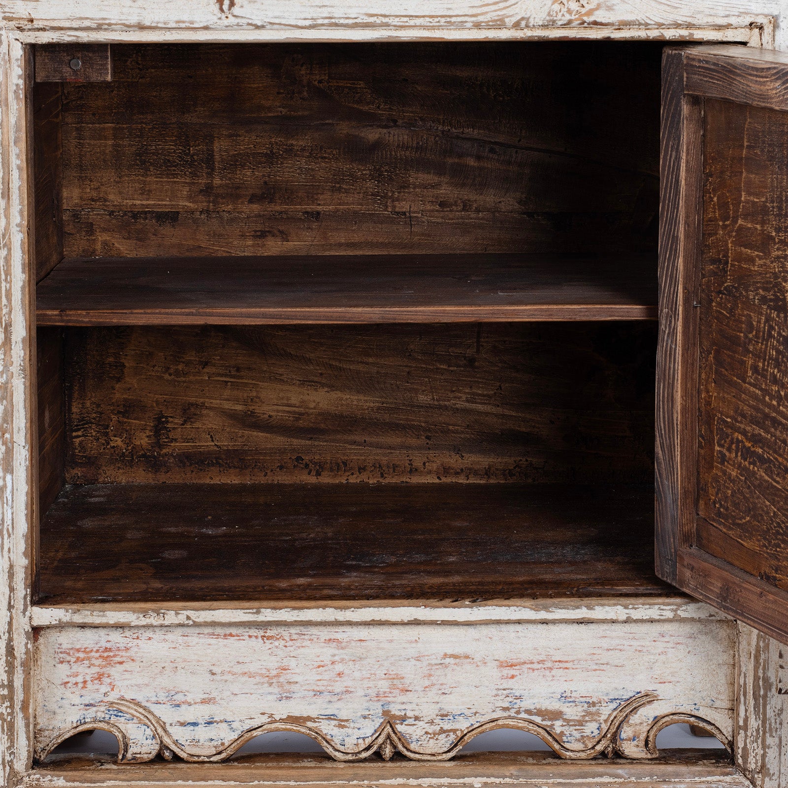 Interior Detail From Cream Painted Qinghai Sideboard With Hand Painted Floral Panels And Wise Objects