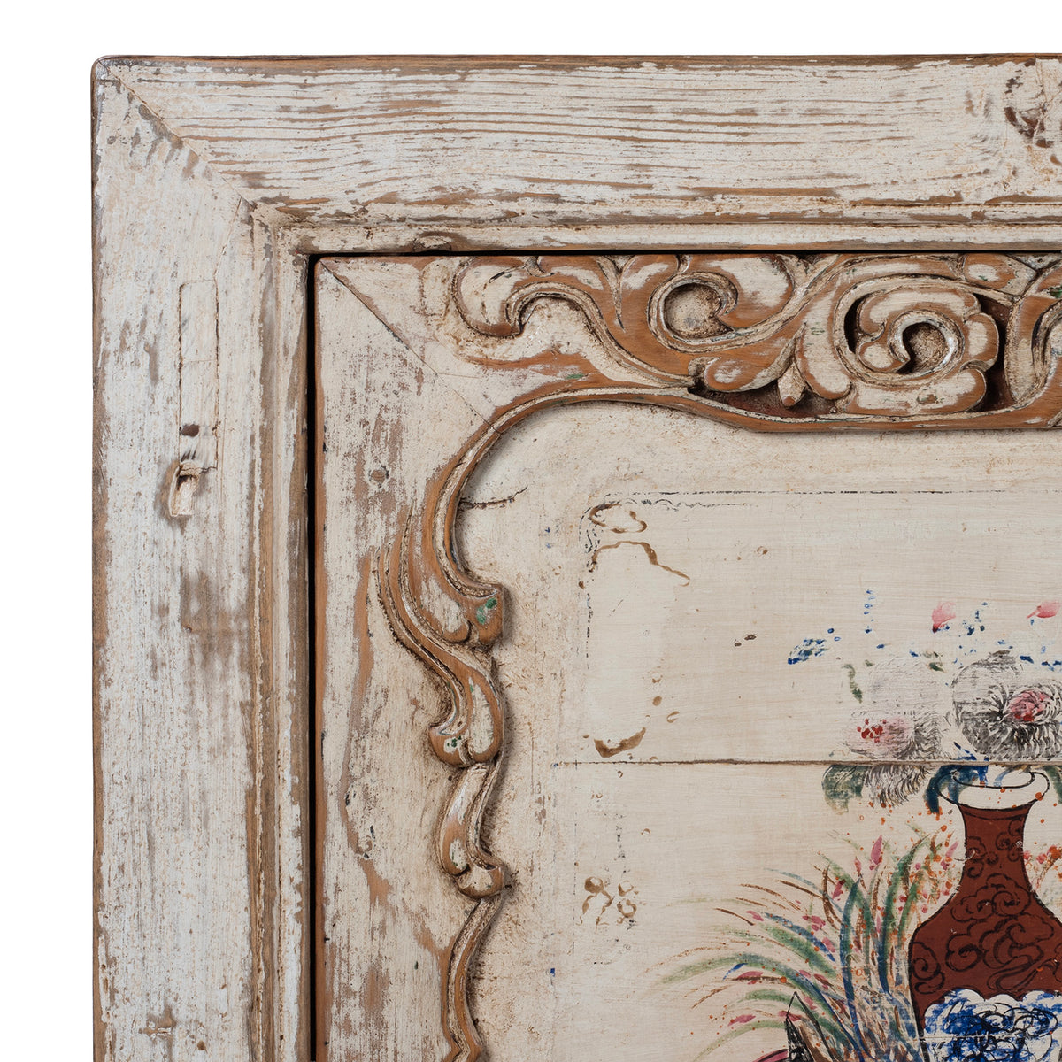Corner Detail From Cream Painted Qinghai Sideboard With Hand Painted Floral Panels And Wise Objects