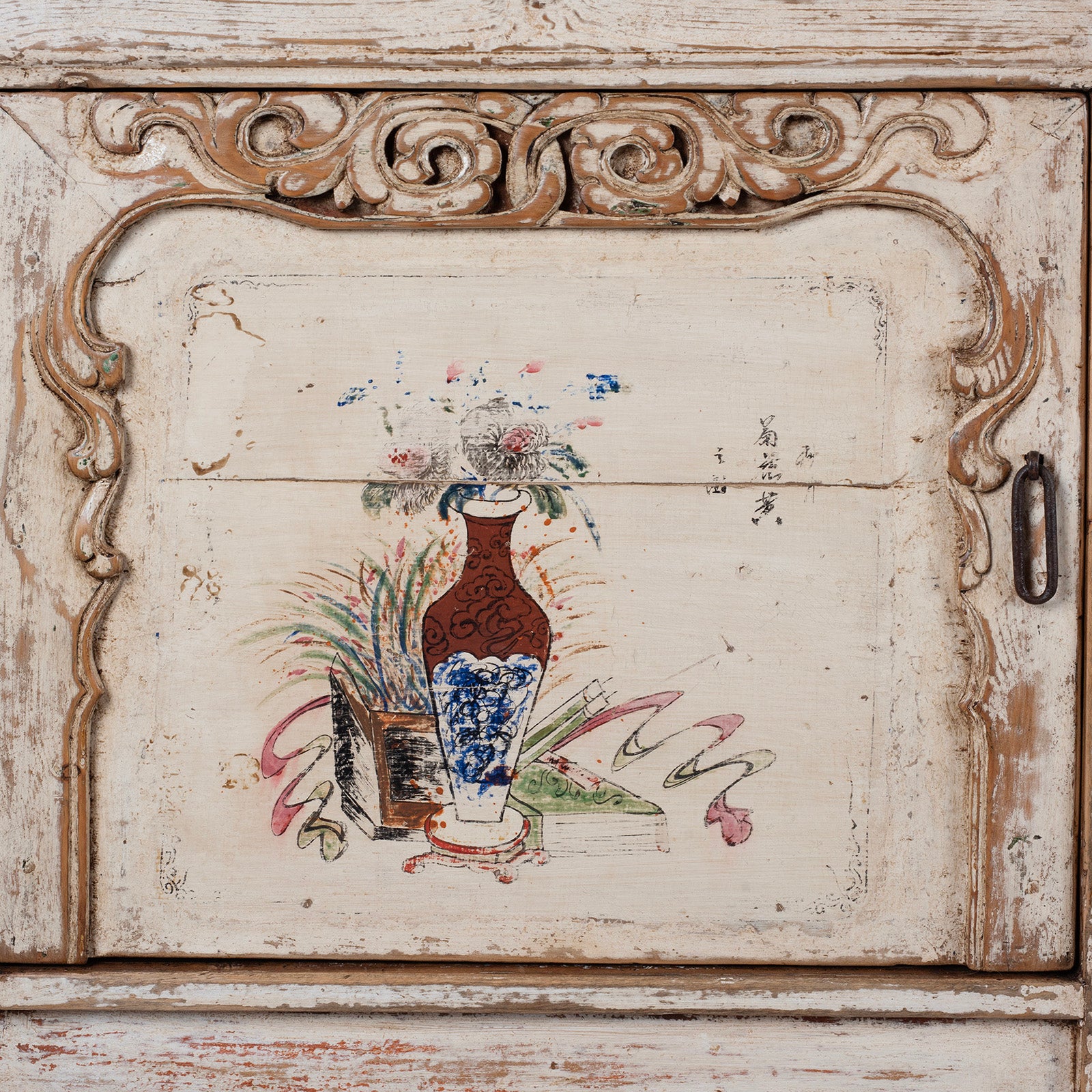 Door Artwork Detail From Cream Painted Qinghai Sideboard With Hand Painted Floral Panels And Wise Objects