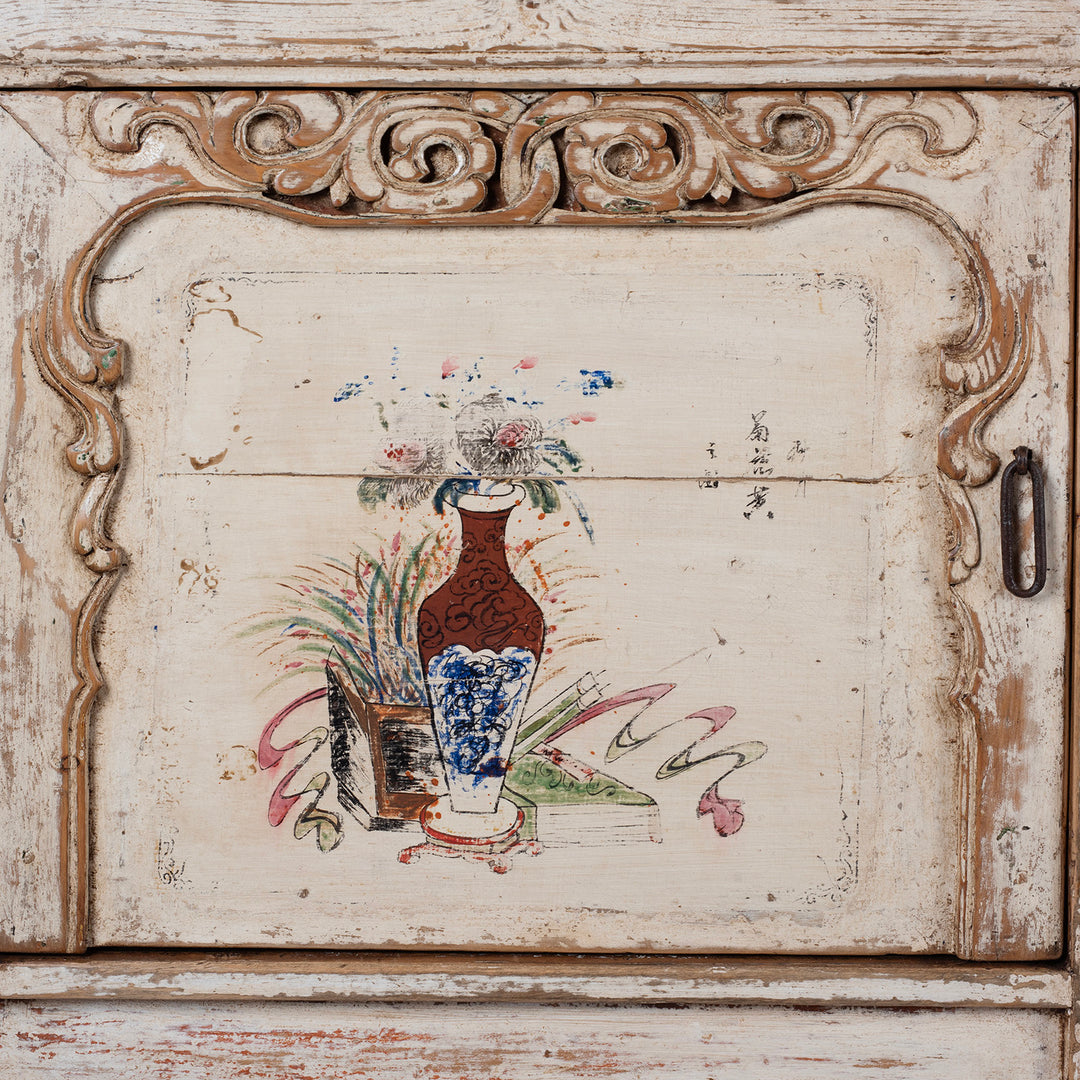 Door Artwork Detail From Cream Painted Qinghai Sideboard With Hand Painted Floral Panels And Wise Objects