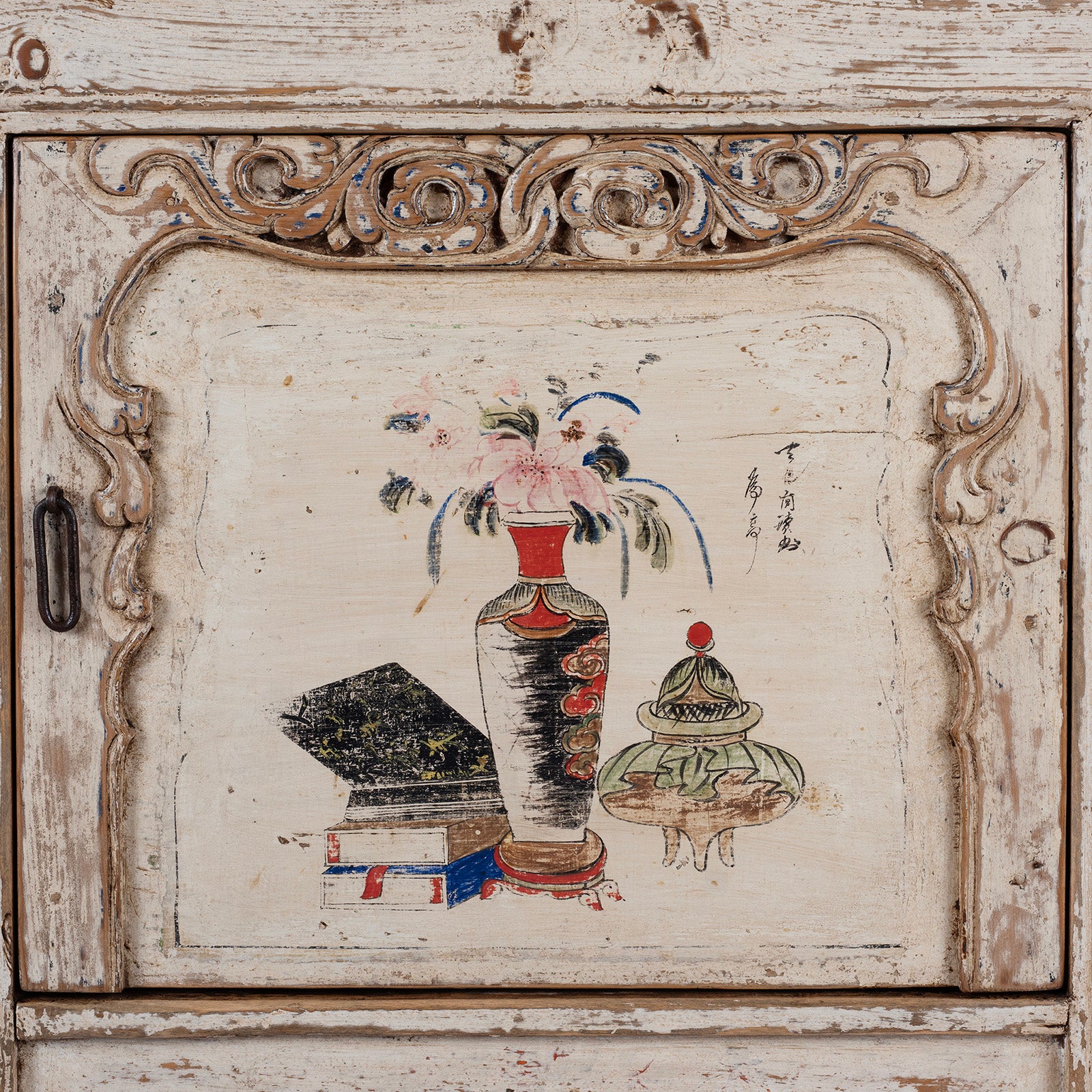 Door Artwork Detail From Cream Painted Qinghai Sideboard With Hand Painted Floral Panels And Wise Objects