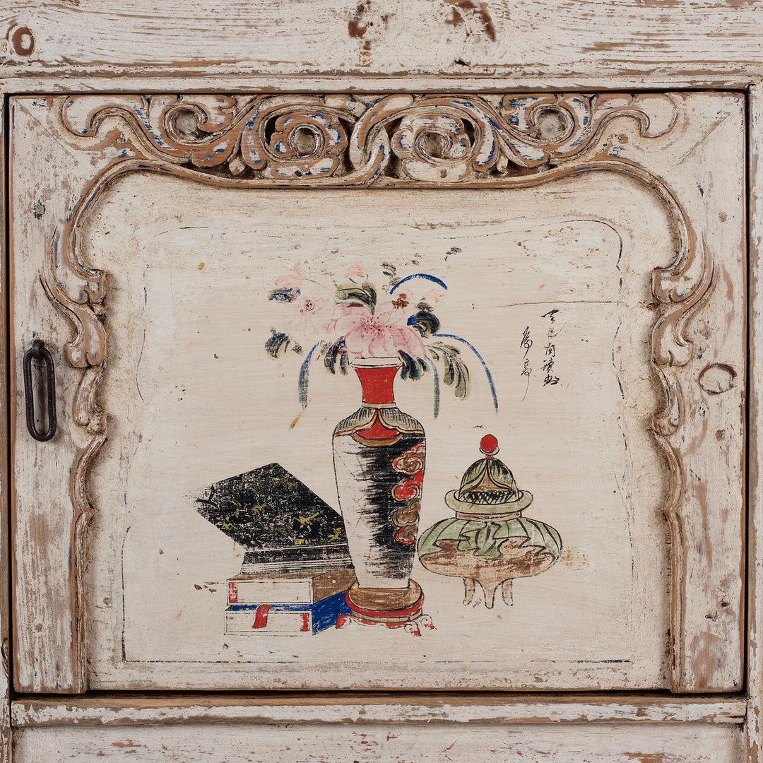 Door Artwork Detail From Cream Painted Qinghai Sideboard With Hand Painted Floral Panels And Wise Objects