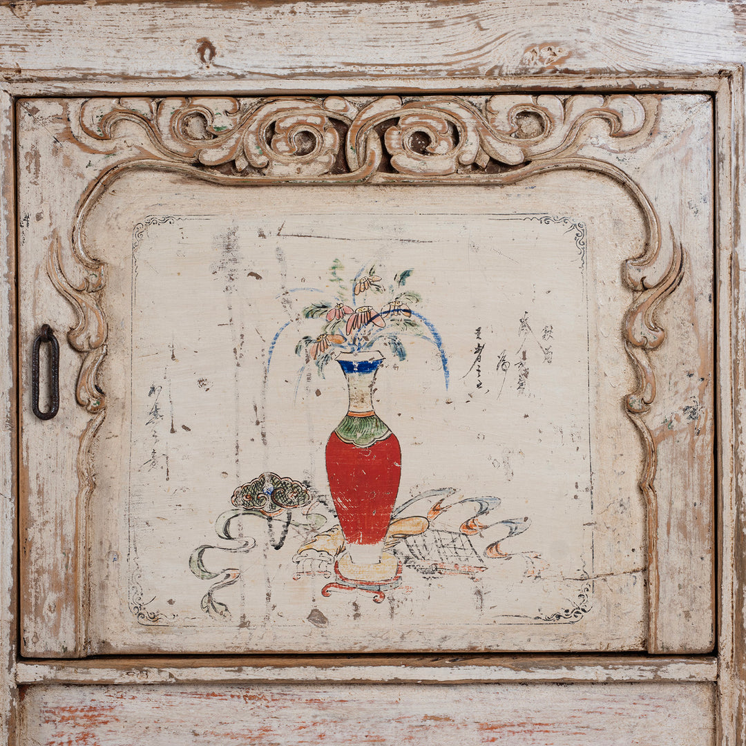 Door Artwork Detail From Cream Painted Qinghai Sideboard With Hand Painted Floral Panels And Wise Objects