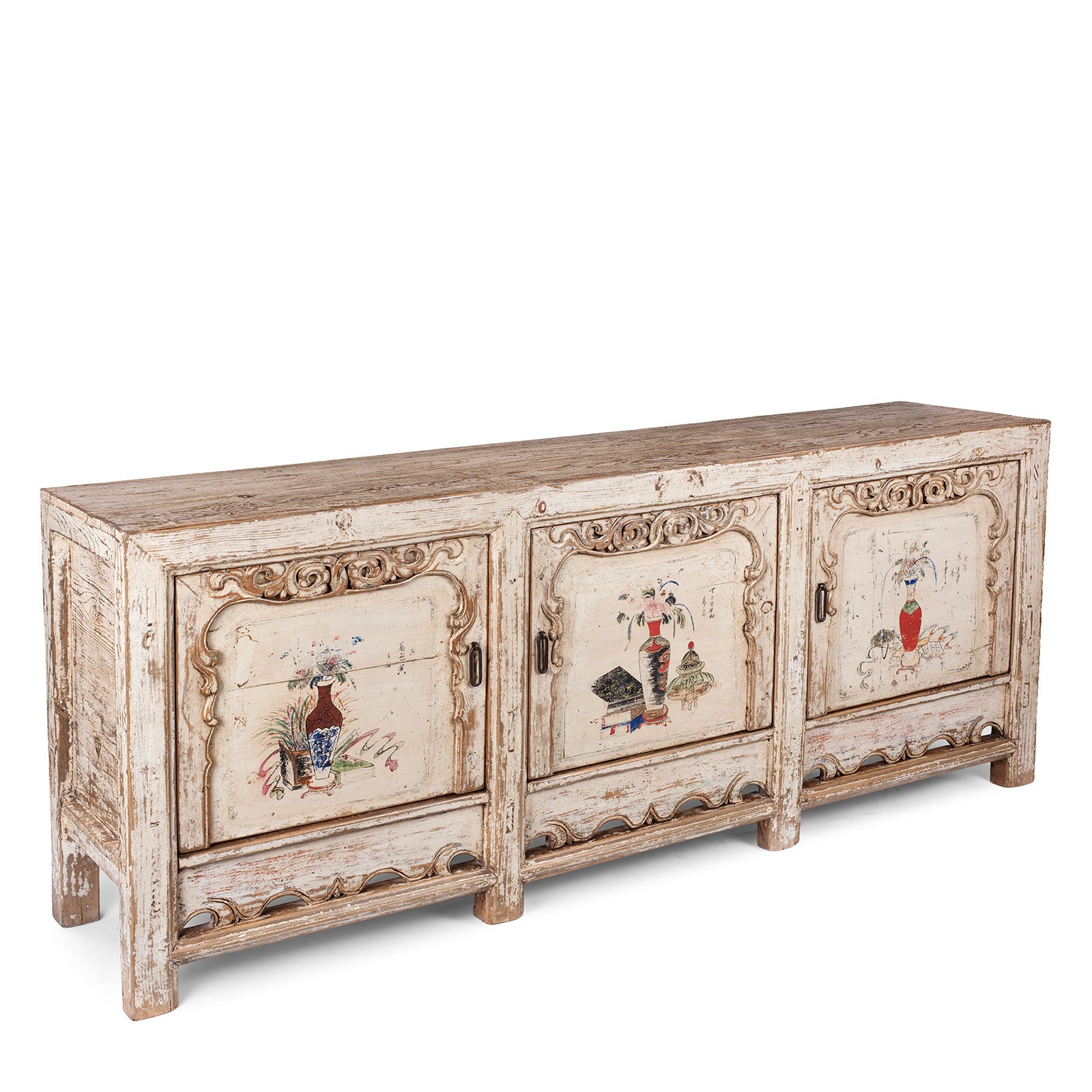 Angled VIew Of Cream Painted Qinghai Sideboard With Hand Painted Floral Panels And Wise Objects