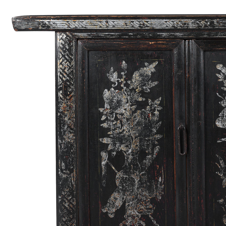 Corner Detail From Black Lacquer Qinghai Sideboard With Four Doors And Silver Leaf Floral Vase Painting | Indigo Antiques