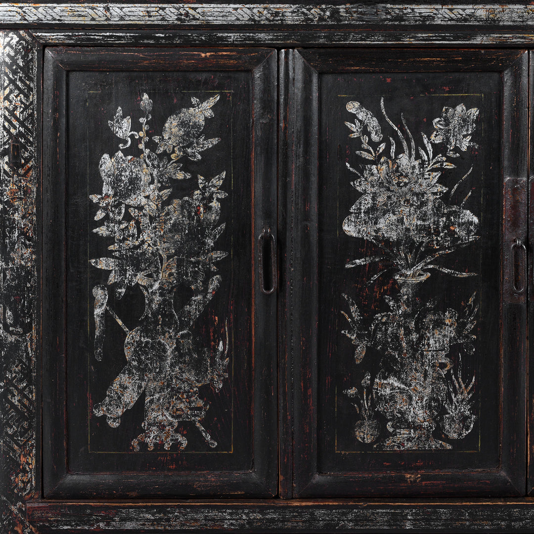 Artwork Detail From Black Lacquer Qinghai Sideboard With Four Doors And Silver Leaf Floral Vase Painting | Indigo Antiques