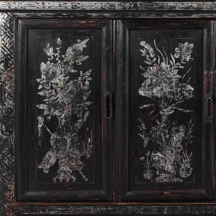 Artwork Detail From Black Lacquer Qinghai Sideboard With Four Doors And Silver Leaf Floral Vase Painting | Indigo Antiques