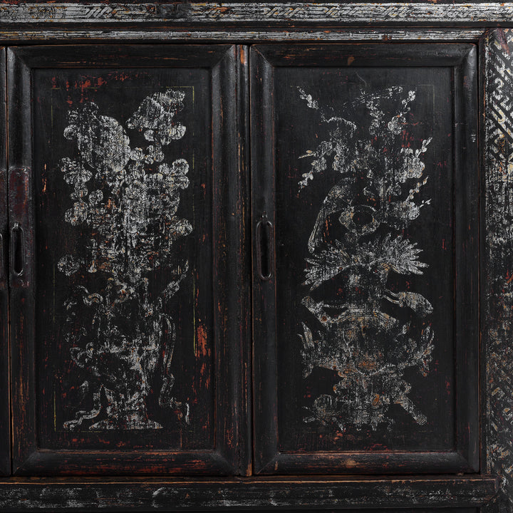 Interior Detail From Black Lacquer Qinghai Sideboard With Four Doors And Silver Leaf Floral Vase Painting | Indigo Antiques