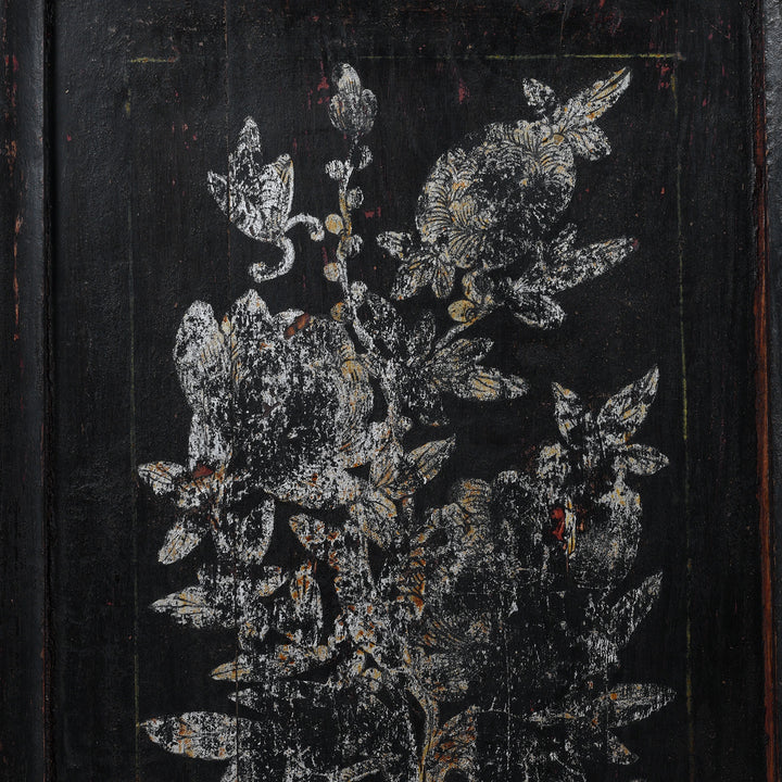 Artwork Detail From Black Lacquer Qinghai Sideboard With Four Doors And Silver Leaf Floral Vase Painting | Indigo Antiques