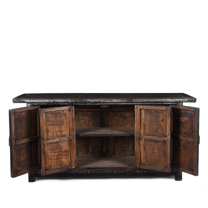 Interior View Of Black Lacquer Qinghai Sideboard With Four Doors And Silver Leaf Floral Vase Painting | Indigo Antiques