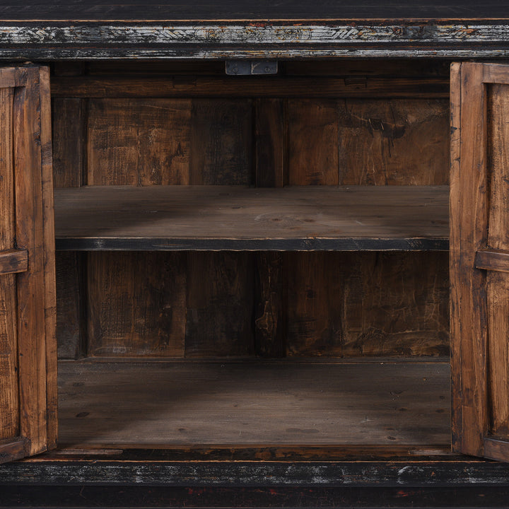 Interior Detail From Black Lacquer Qinghai Sideboard With Four Doors And Silver Leaf Floral Vase Painting | Indigo Antiques