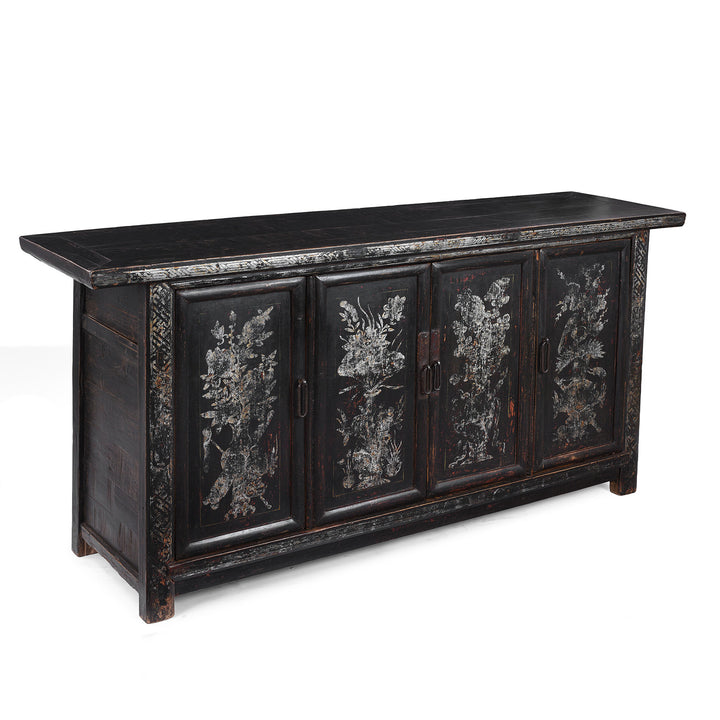 Angled View Of Black Lacquer Qinghai Sideboard With Four Doors And Silver Leaf Floral Vase Painting | Indigo Antiques