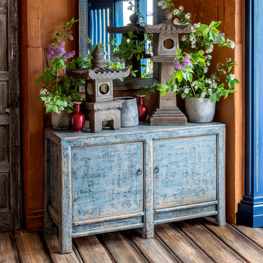 Vintage Blue Painted Gansu Sideboard With Distressed Finish And Removable Internal Shelf | Indigo Antiques