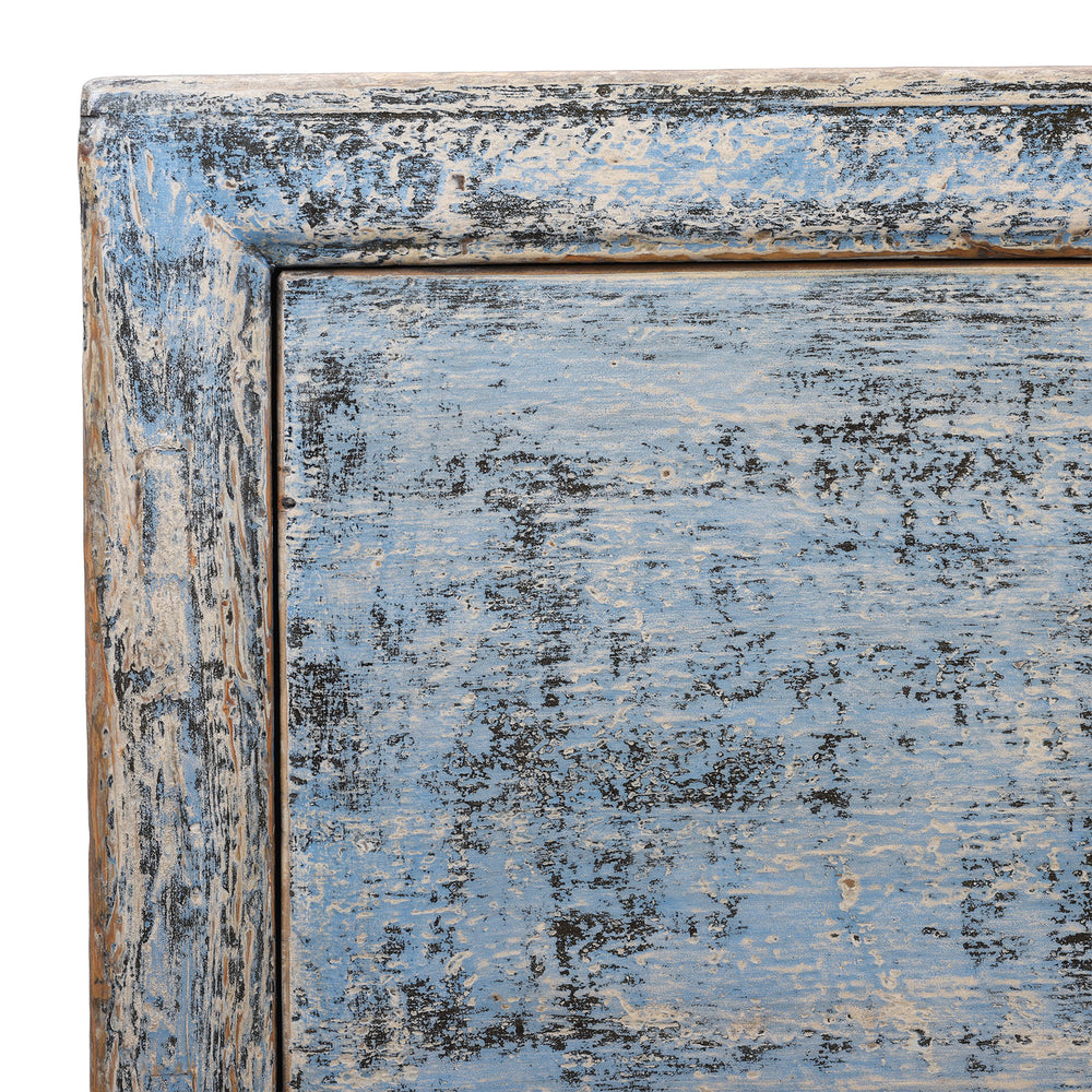 Corner Detail From Vintage Blue Painted Gansu Sideboard With Distressed Finish And Removable Internal Shelf | Indigo Antiques