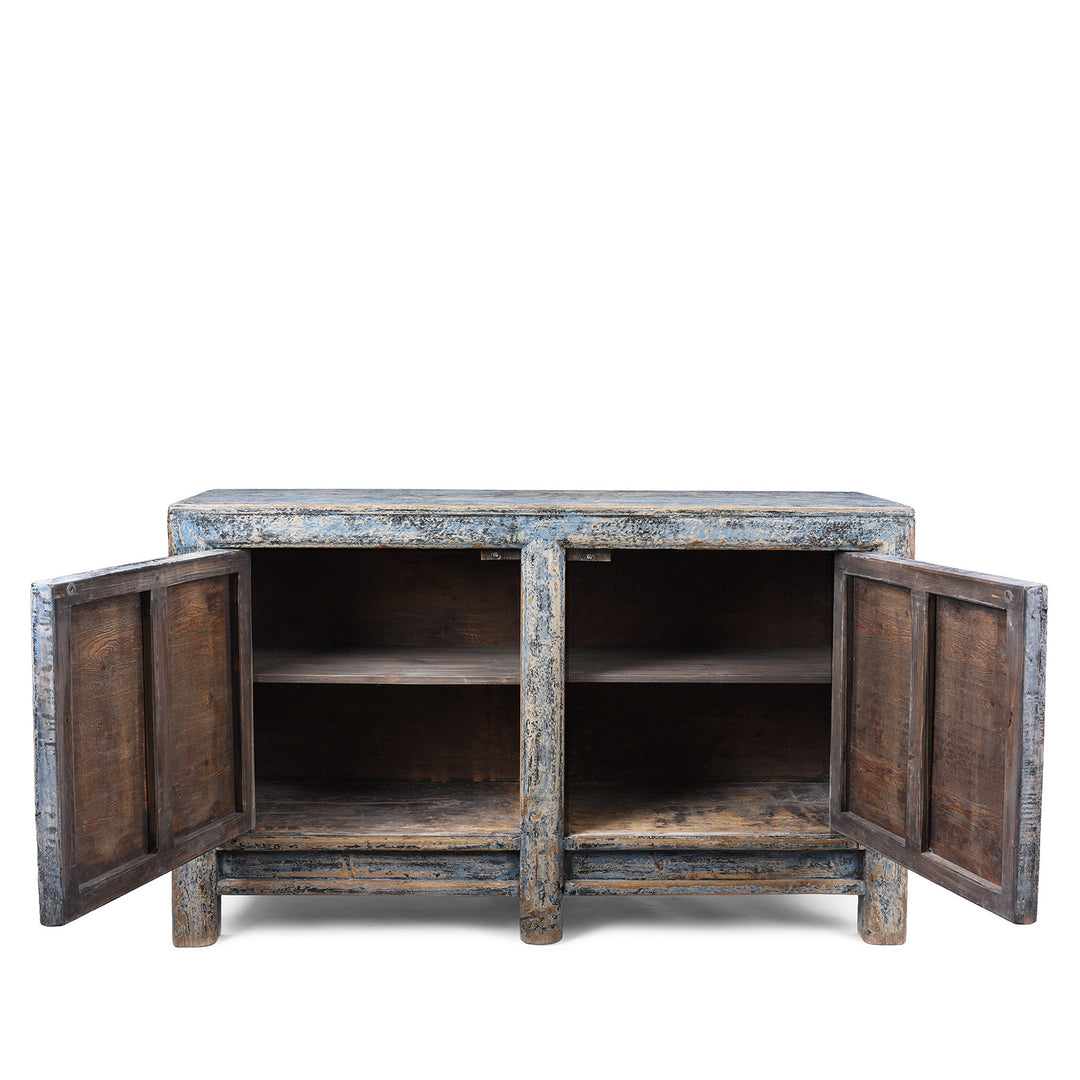 Interior Of Vintage Blue Painted Gansu Sideboard With Distressed Finish And Removable Internal Shelf | Indigo Antiques