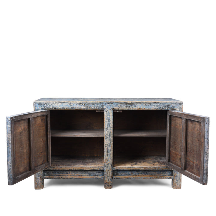Interior Of Vintage Blue Painted Gansu Sideboard With Distressed Finish And Removable Internal Shelf | Indigo Antiques