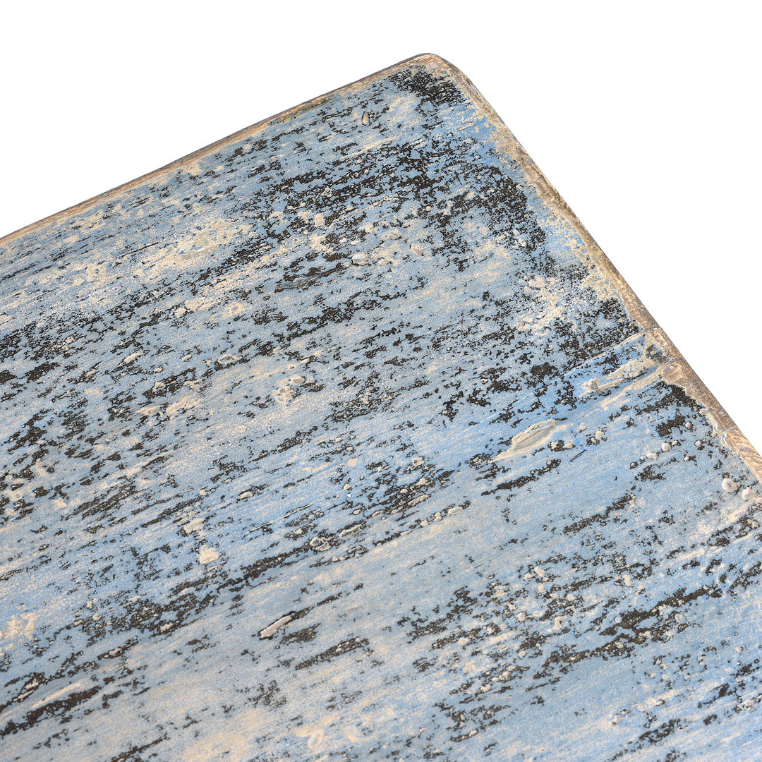 Top Corner Detail From Vintage Blue Painted Gansu Sideboard With Distressed Finish And Removable Internal Shelf | Indigo Antiques