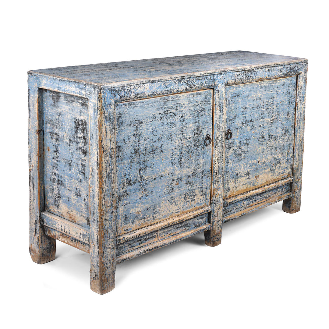 Angled View Of Vintage Blue Painted Gansu Sideboard With Distressed Finish And Removable Internal Shelf | Indigo Antiques