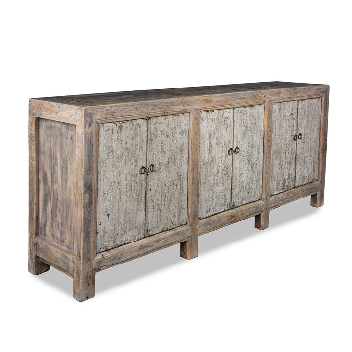Angled View Of Mongolian Sideboard Made From Reclaimed Elm Poplar And Cypress With Traditional Construction And Removable Shelving