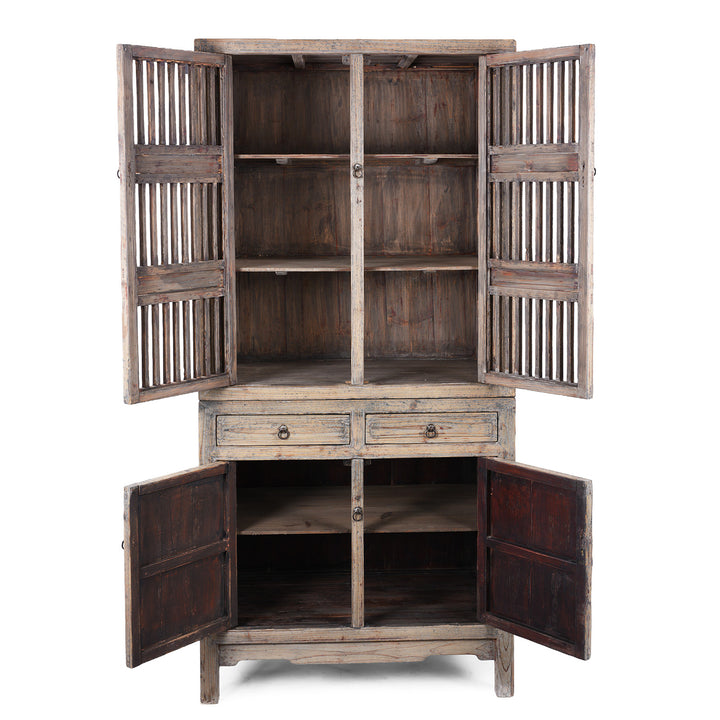 Open Doors View Of Elm And Pine 19th Century Chinese Kitchen Cabinet With Lattice Doors | Indigo Antiques