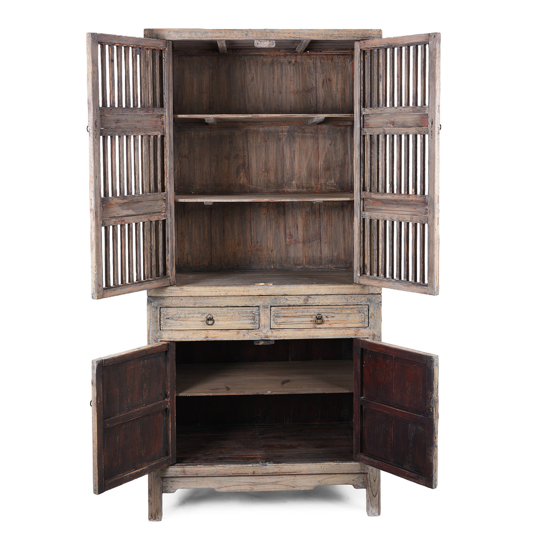 Open Doors With Bar Removed View Of Elm And Pine 19th Century Chinese Kitchen Cabinet With Lattice Doors | Indigo Antiques
