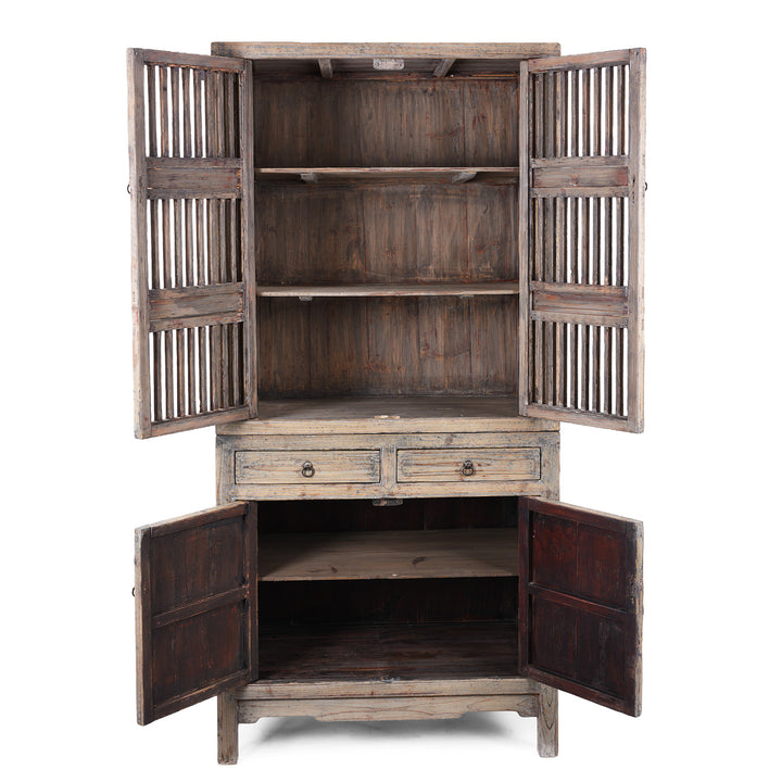 Open Doors With Bar Removed View Of Elm And Pine 19th Century Chinese Kitchen Cabinet With Lattice Doors | Indigo Antiques