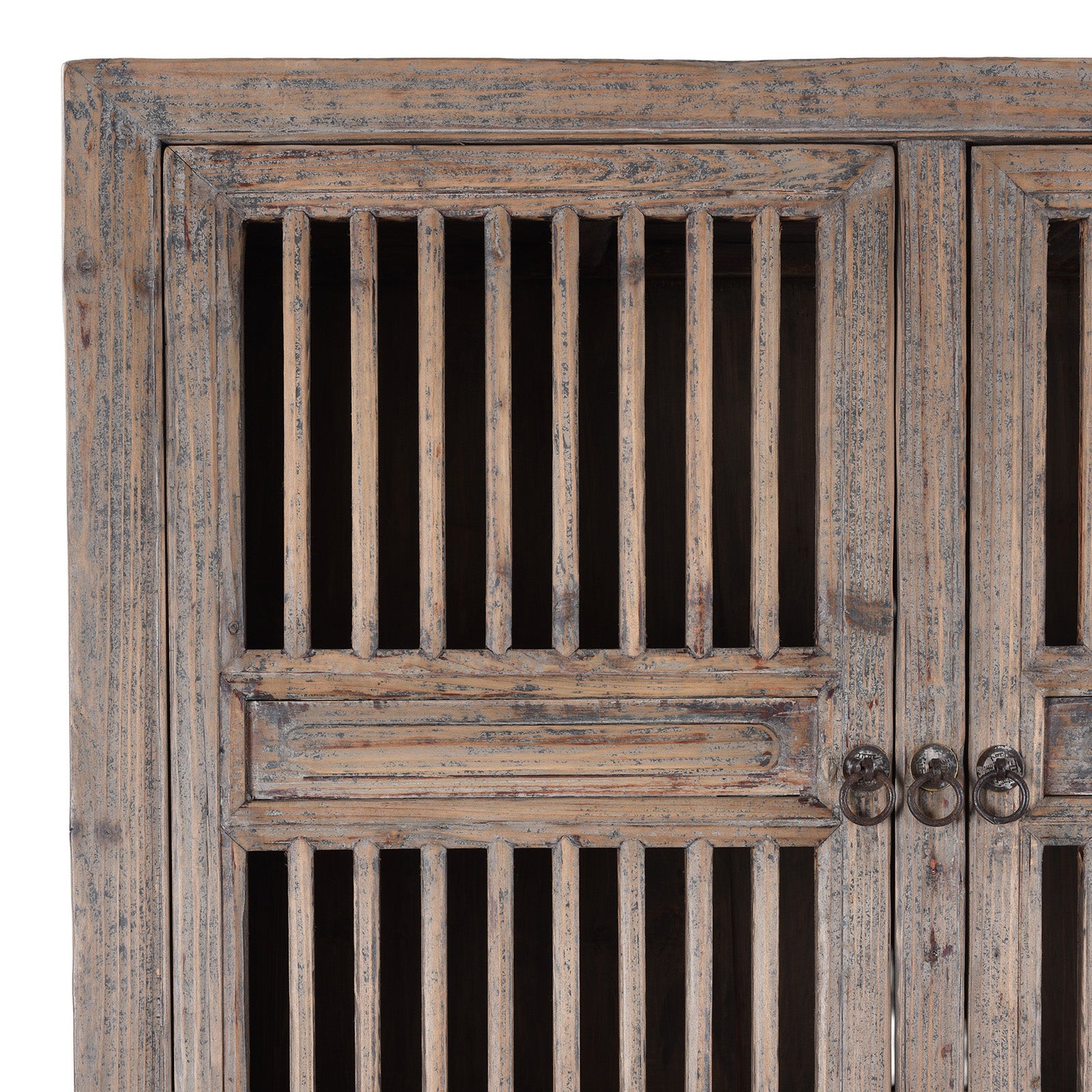 Corner Detail From Elm And Pine 19th Century Chinese Kitchen Cabinet With Lattice Doors | Indigo Antiques