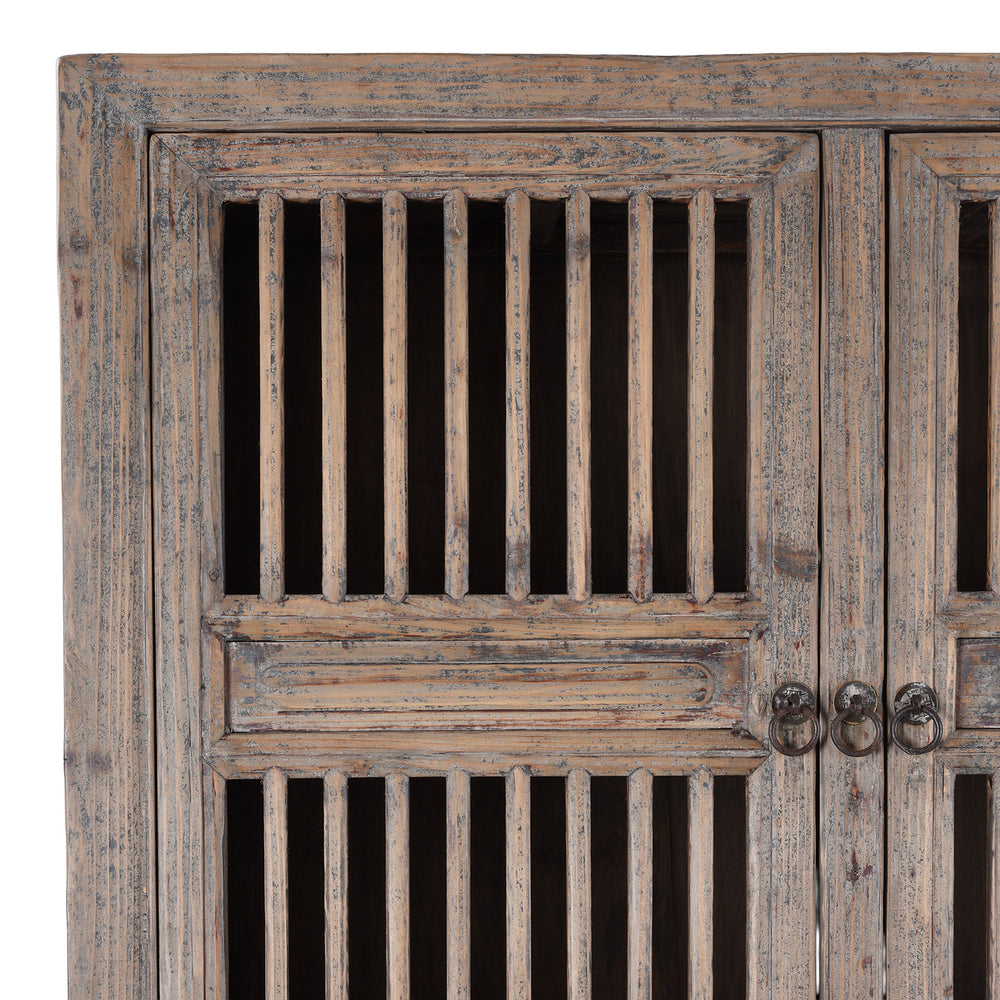Corner Detail From Elm And Pine 19th Century Chinese Kitchen Cabinet With Lattice Doors | Indigo Antiques