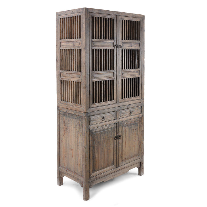 Angled View Of Elm And Pine 19th Century Chinese Kitchen Cabinet With Lattice Doors | Indigo Antiques