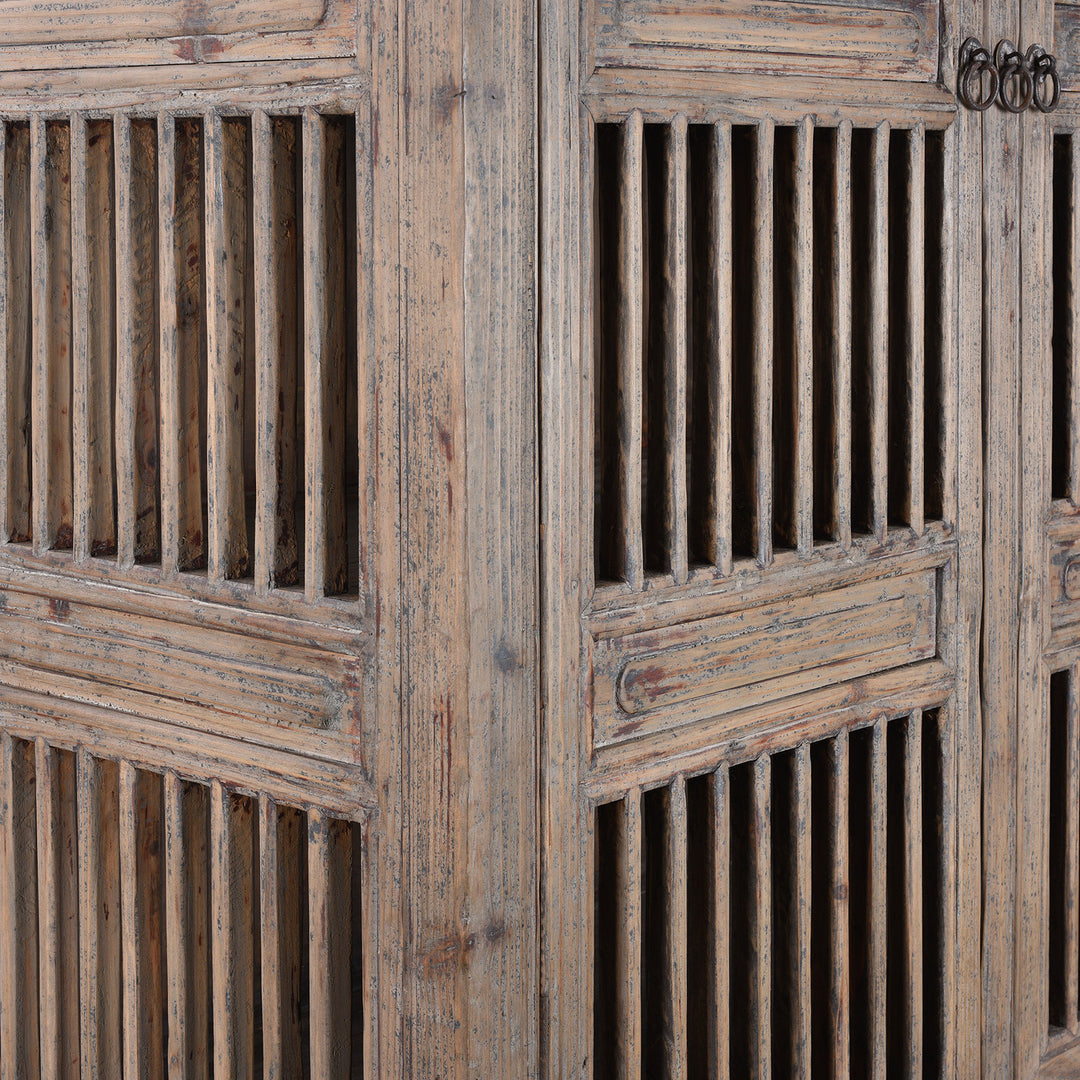 Lattice Detail From Elm And Pine 19th Century Chinese Kitchen Cabinet With Lattice Doors | Indigo Antiques