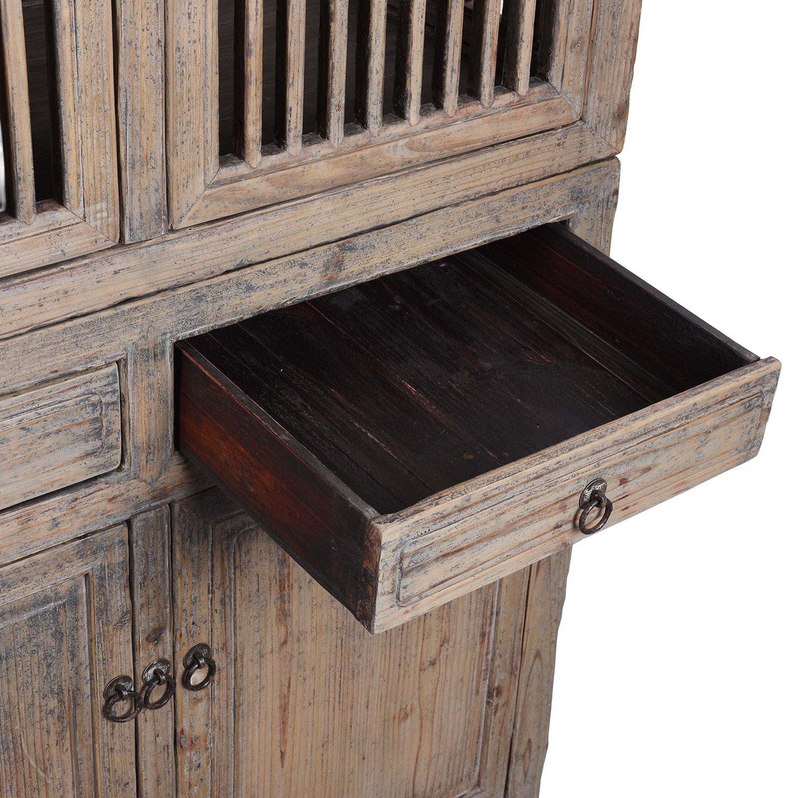 Drawer Detail From Elm And Pine 19th Century Chinese Kitchen Cabinet With Lattice Doors | Indigo Antiques