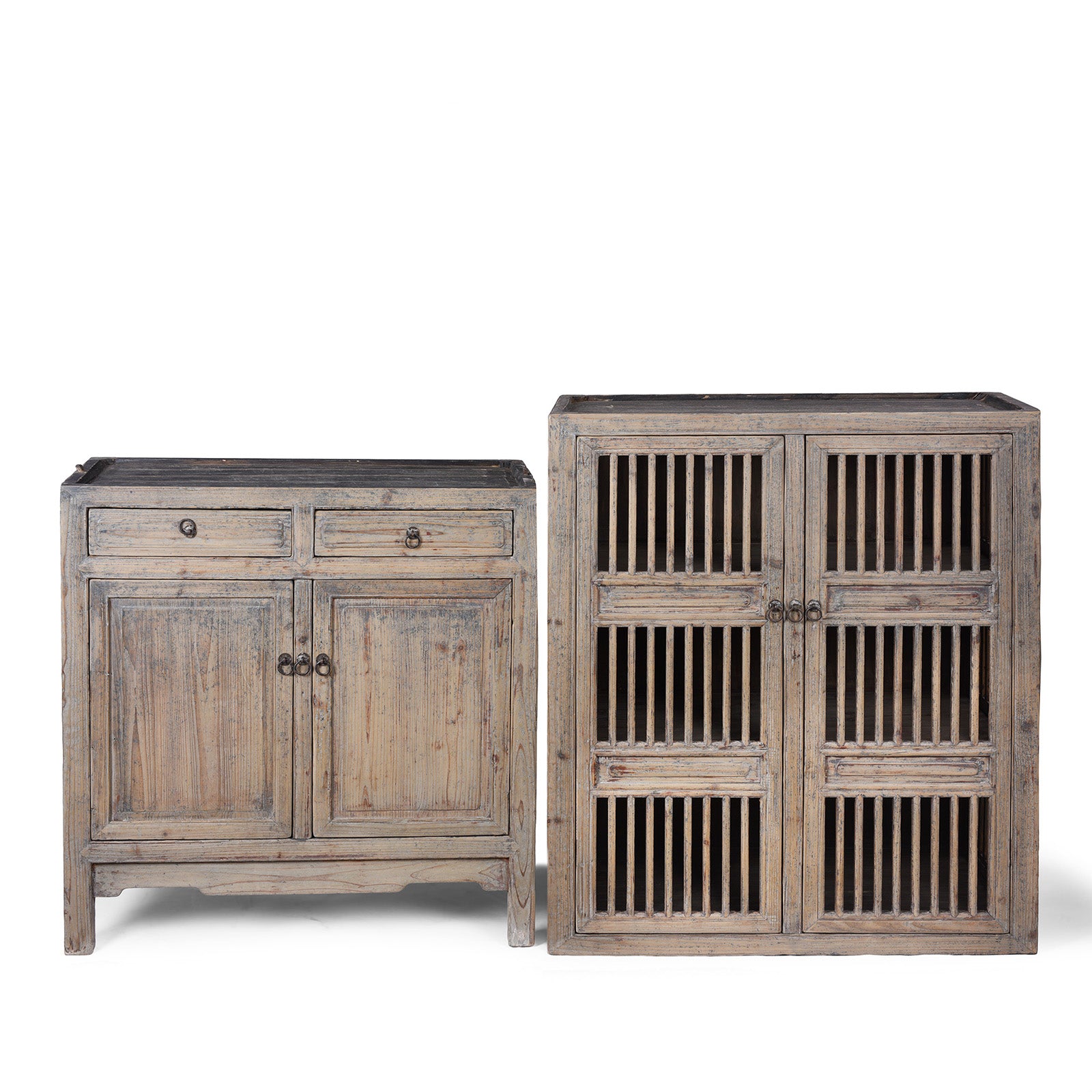 Seperated View Of Elm And Pine 19th Century Chinese Kitchen Cabinet With Lattice Doors | Indigo Antiques