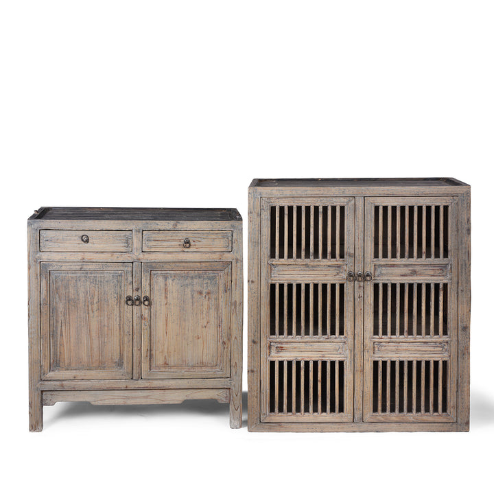 Seperated View Of Elm And Pine 19th Century Chinese Kitchen Cabinet With Lattice Doors | Indigo Antiques