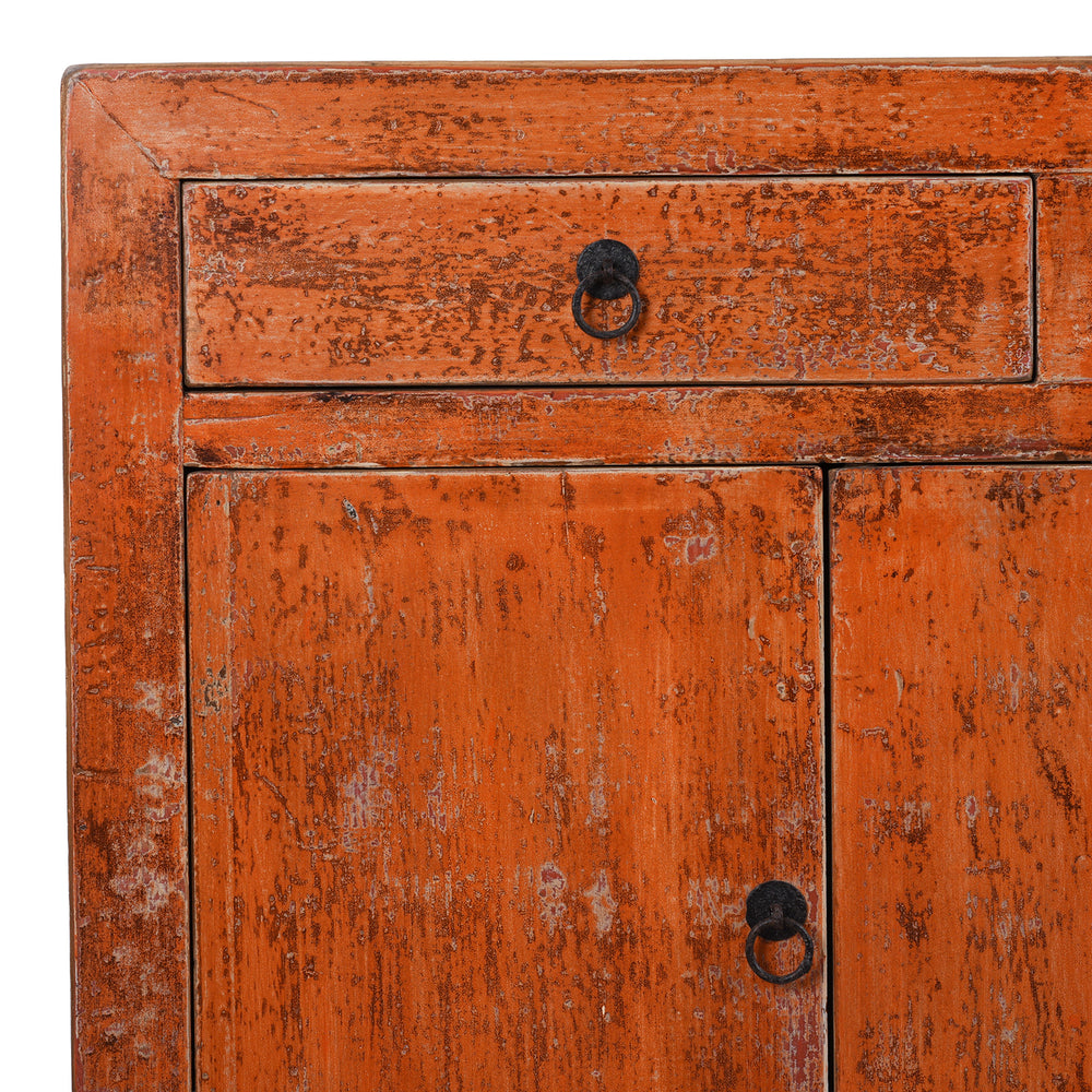 Corner Detail From Chinese Orange Lacquered Dongbei Style Sideboard Made From Reclaimed Wood With Four Doors And Three Drawers