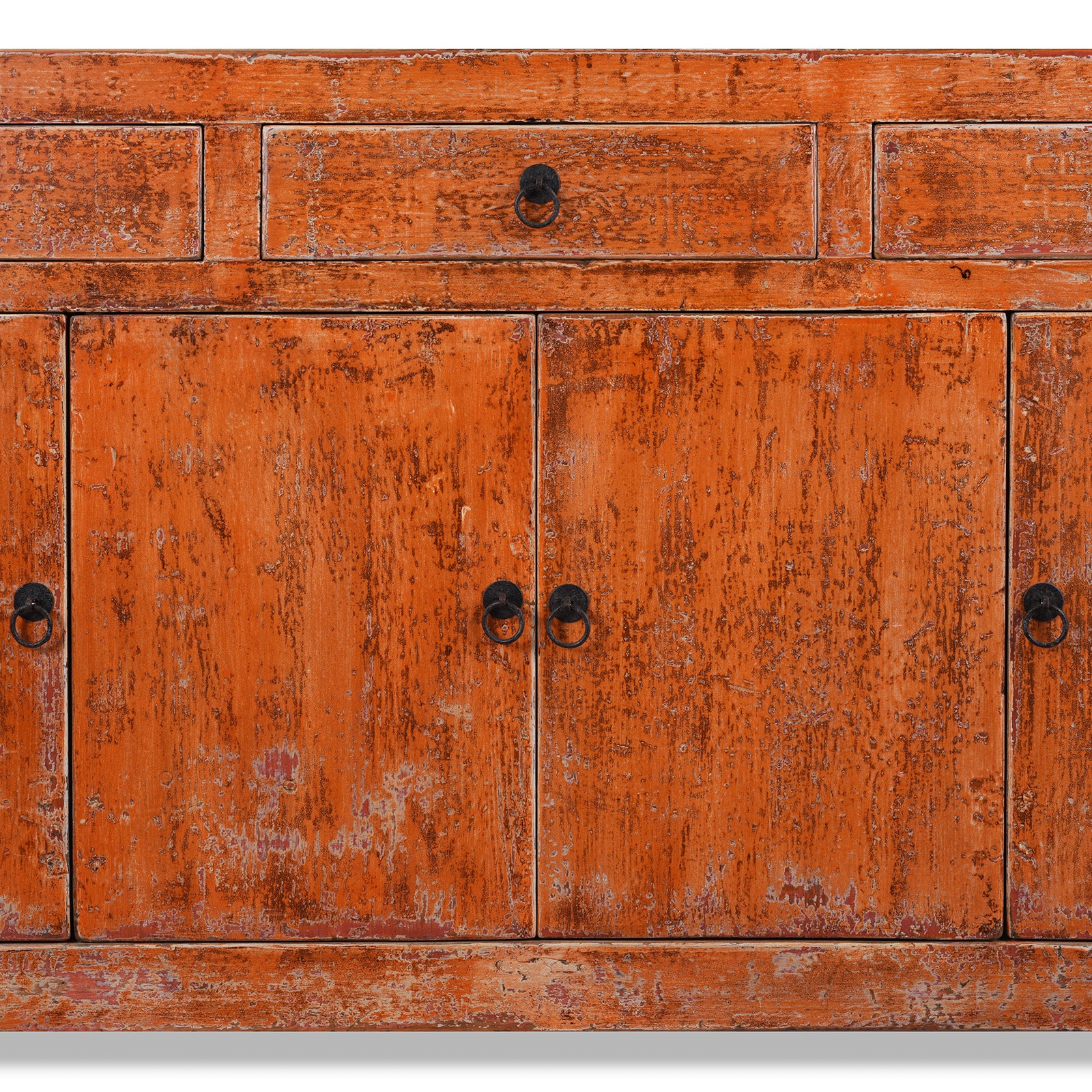 Doors Detail From Chinese Orange Lacquered Dongbei Style Sideboard Made From Reclaimed Wood With Four Doors And Three Drawers