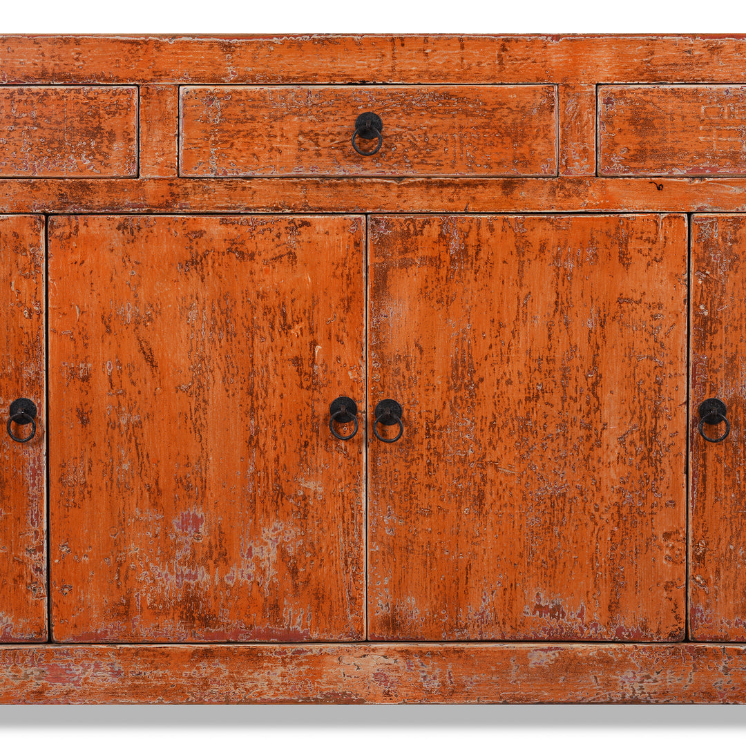 Doors Detail From Chinese Orange Lacquered Dongbei Style Sideboard Made From Reclaimed Wood With Four Doors And Three Drawers