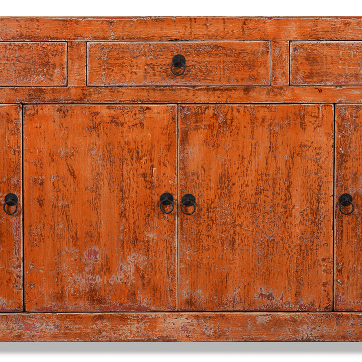 Doors Detail From Chinese Orange Lacquered Dongbei Style Sideboard Made From Reclaimed Wood With Four Doors And Three Drawers