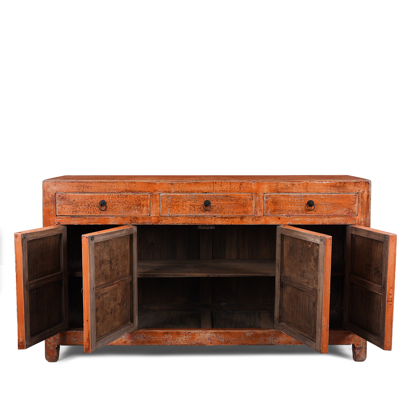 Interior View Of Chinese Orange Lacquered Dongbei Style Sideboard Made From Reclaimed Wood With Four Doors And Three Drawers