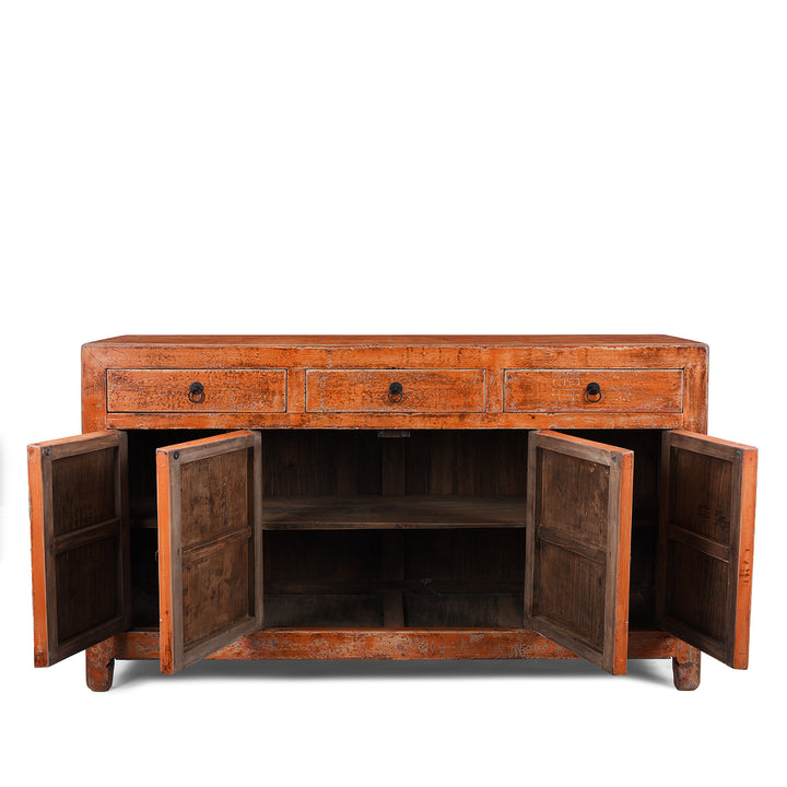 Interior View Of Chinese Orange Lacquered Dongbei Style Sideboard Made From Reclaimed Wood With Four Doors And Three Drawers