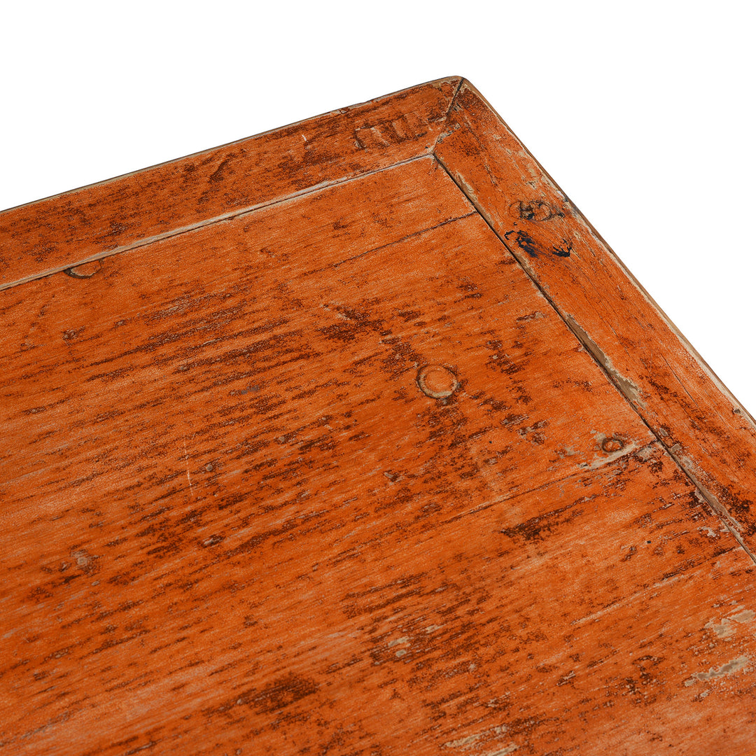 Surface Detail From Chinese Orange Lacquered Dongbei Style Sideboard Made From Reclaimed Wood With Four Doors And Three Drawers