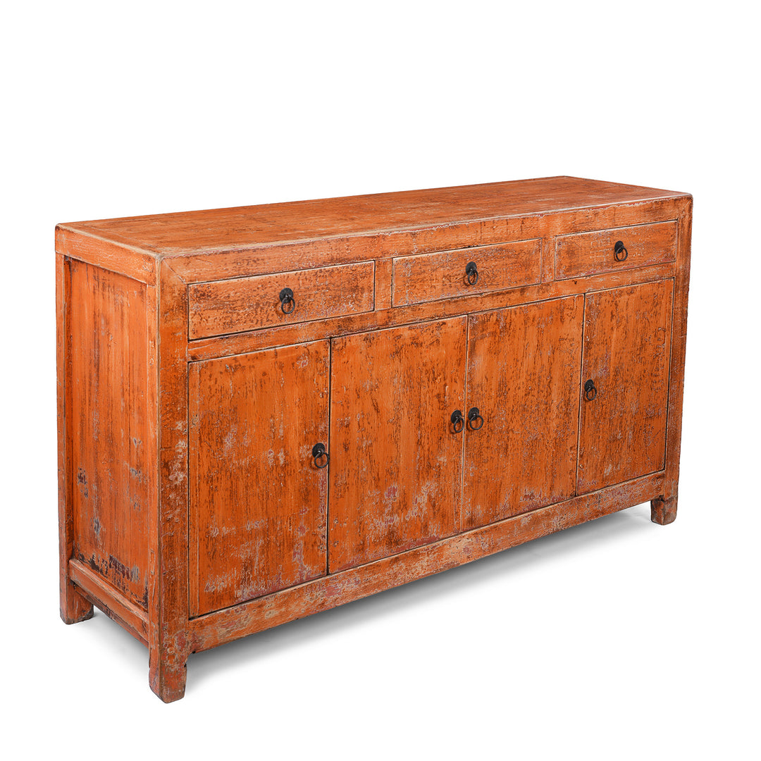 Angled VIew Of Chinese Orange Lacquered Dongbei Style Sideboard Made From Reclaimed Wood With Four Doors And Three Drawers