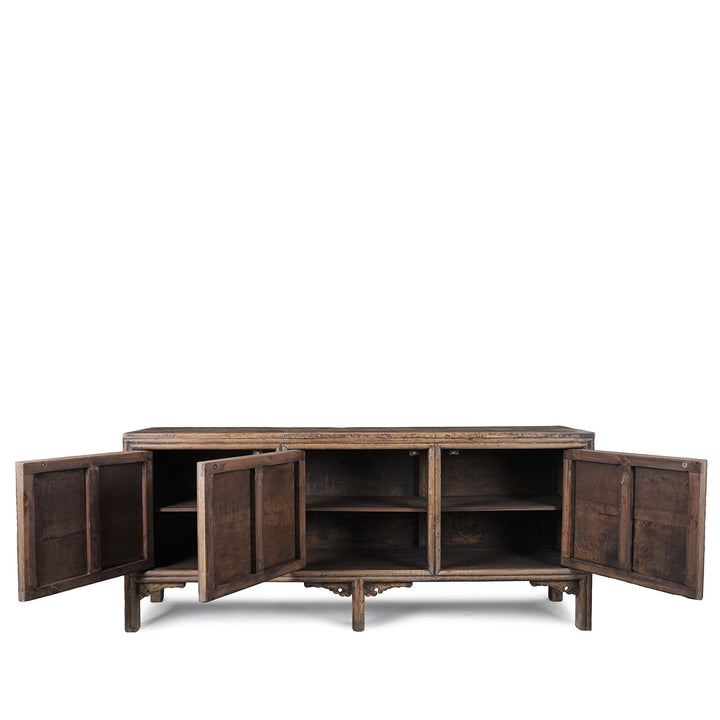 Interior View Of 19th Century Walnut Sideboard From Shaanxi Province China With Three Doors And Carved Lower Apron